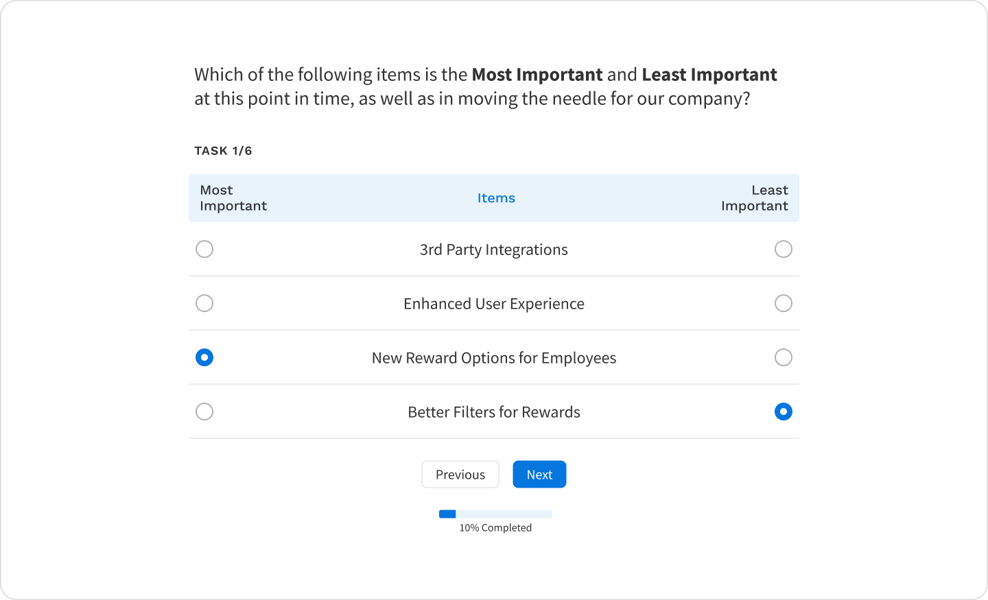 Example of a MaxDiff survey question (task).