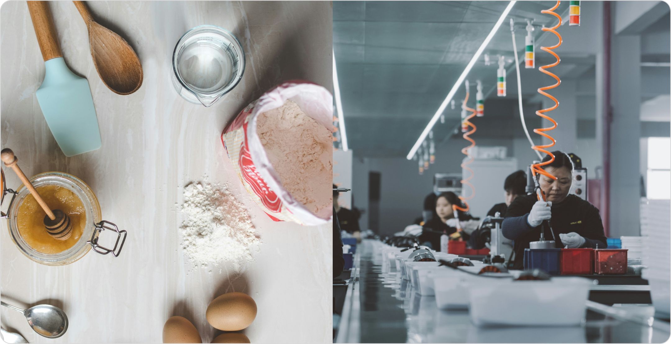 A split image: baking ingredients on one side, manufacturing line on the other. Symbolizing materials and costs factored in product pricing strategies.