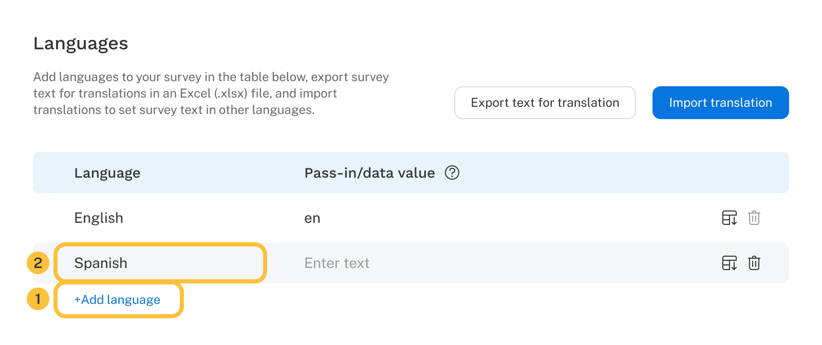 User interface showing how to add a language and assign it with a name.