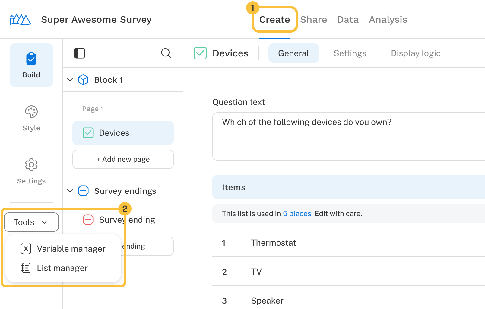 Create new variables on the share tab or in the variable manager.