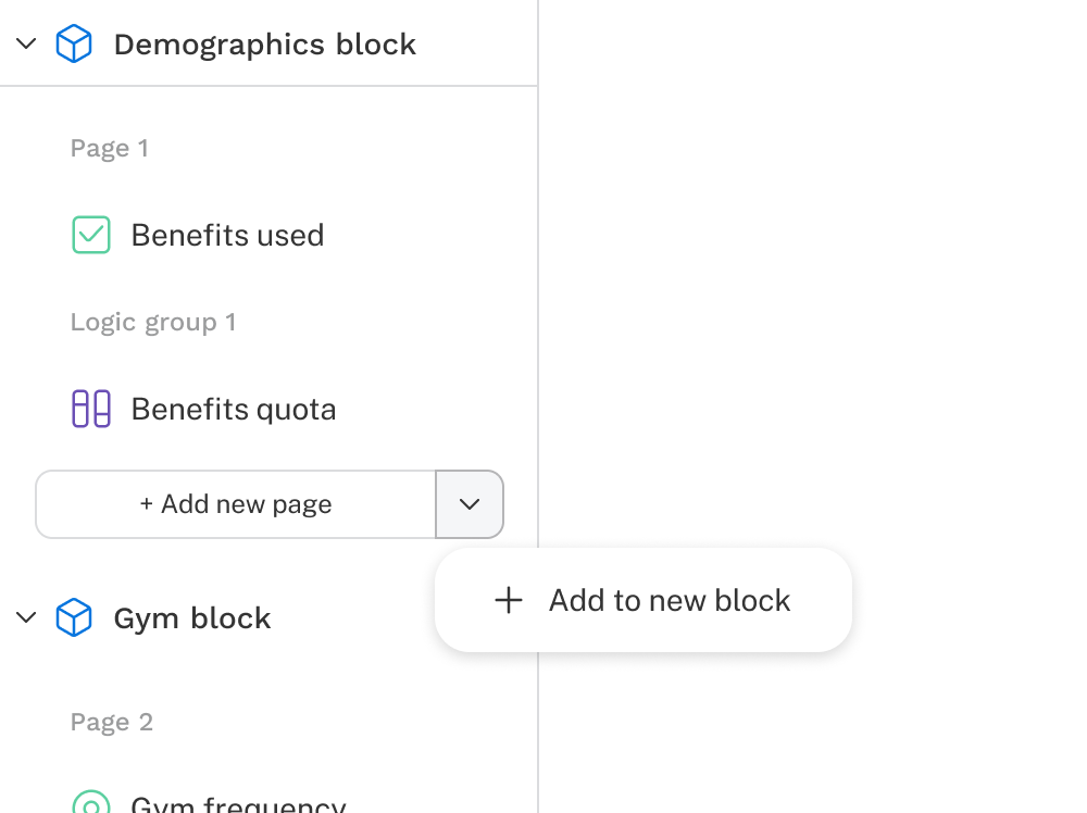 The dropdown button next to the add new page is open with a list showing an option to add to new block.