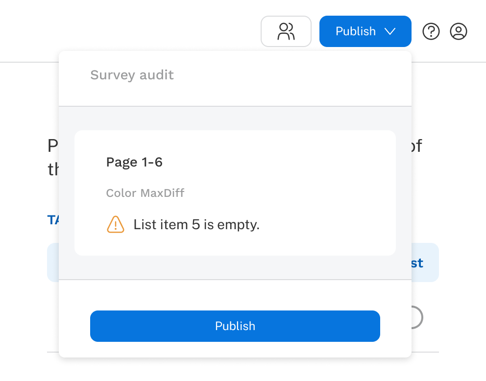 A warning in survey audit is indicated by a warning icon.