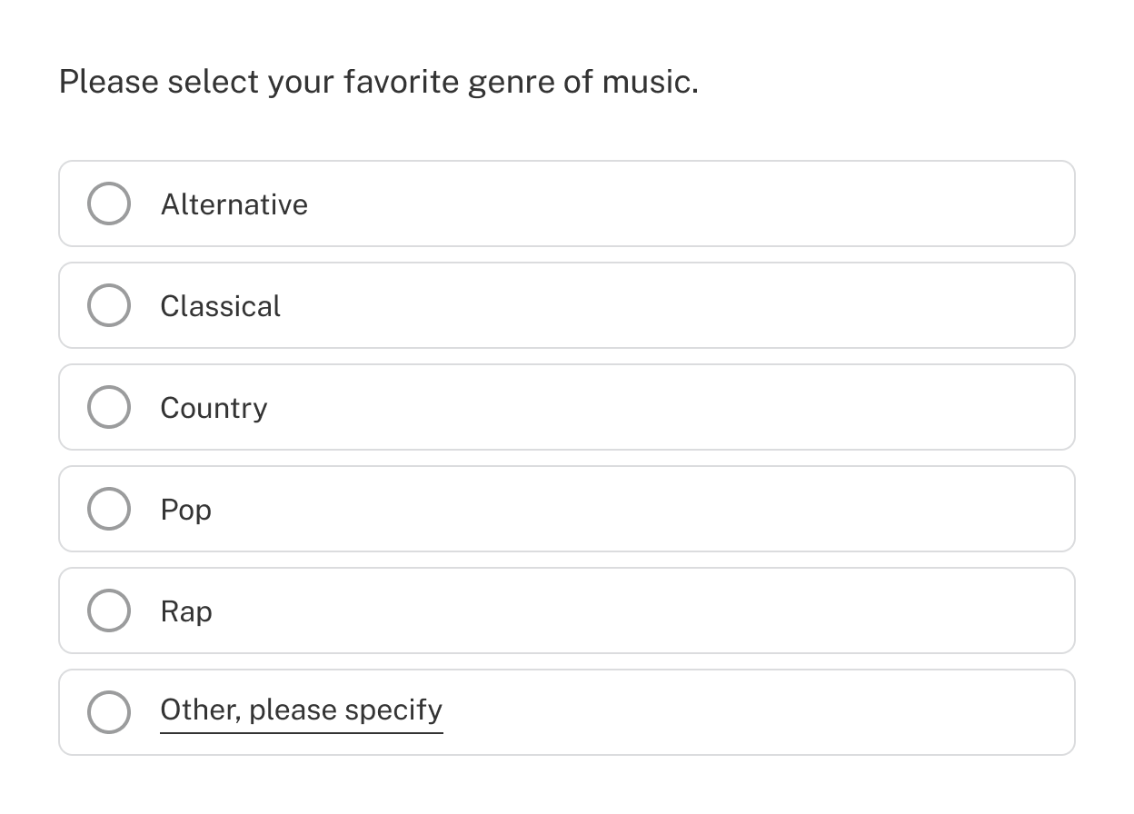 An example of a single-select question asking respondents what their favorite genre of music is.