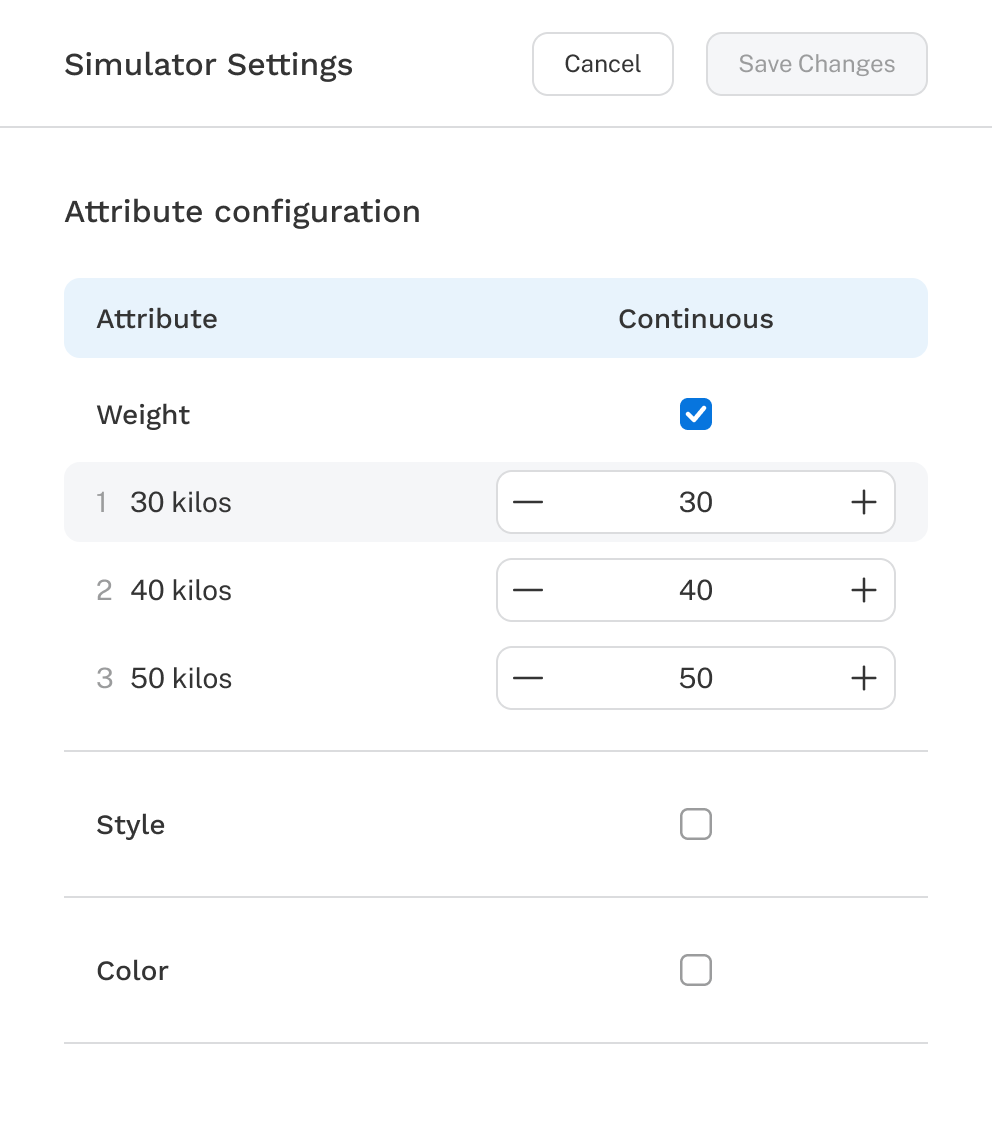 In the attribute settings overlay, weight has been marked as continuous and values of 30, 40, and 50 have been added to the table opposite the corresponding weight.