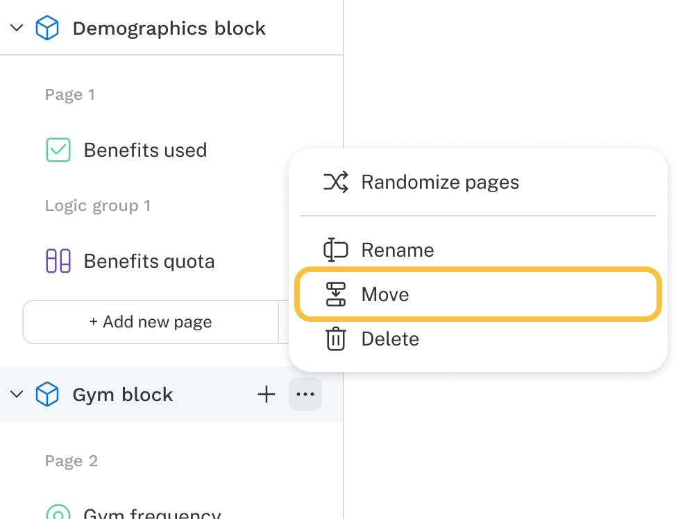 The block options menu is open showing the move option.