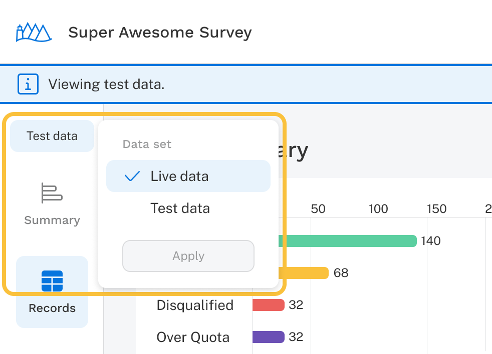 Switch the data set by opening the fly out menu in the data tab.