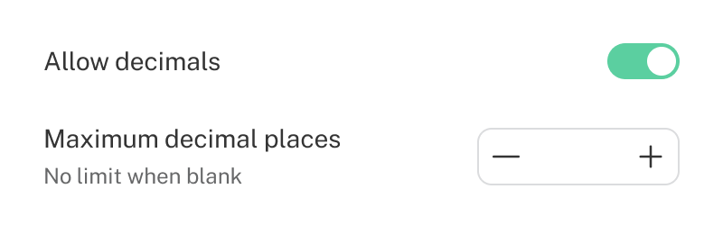 The software UI of a toggle switch set to on with the label of allow decimals.