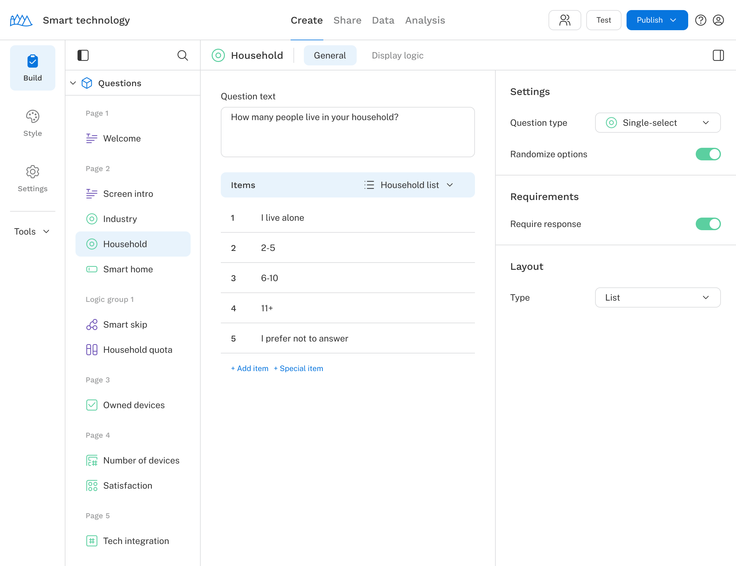 The survey page including sample survey questions.