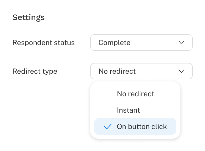 A survey ending in authoring is shown with the redirect type dropdown highlighted.