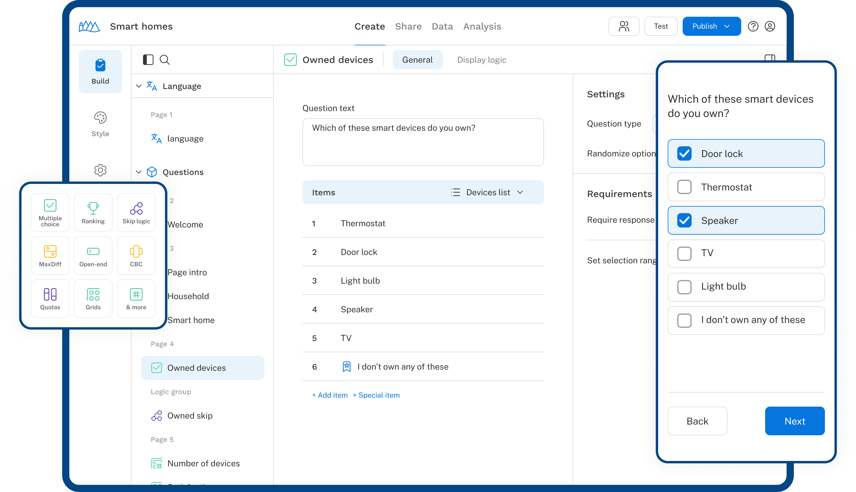 Sawtooth Software's Discover platform showing many different types of survey questions and a beautiful, modern interface for creating and taking surveys.