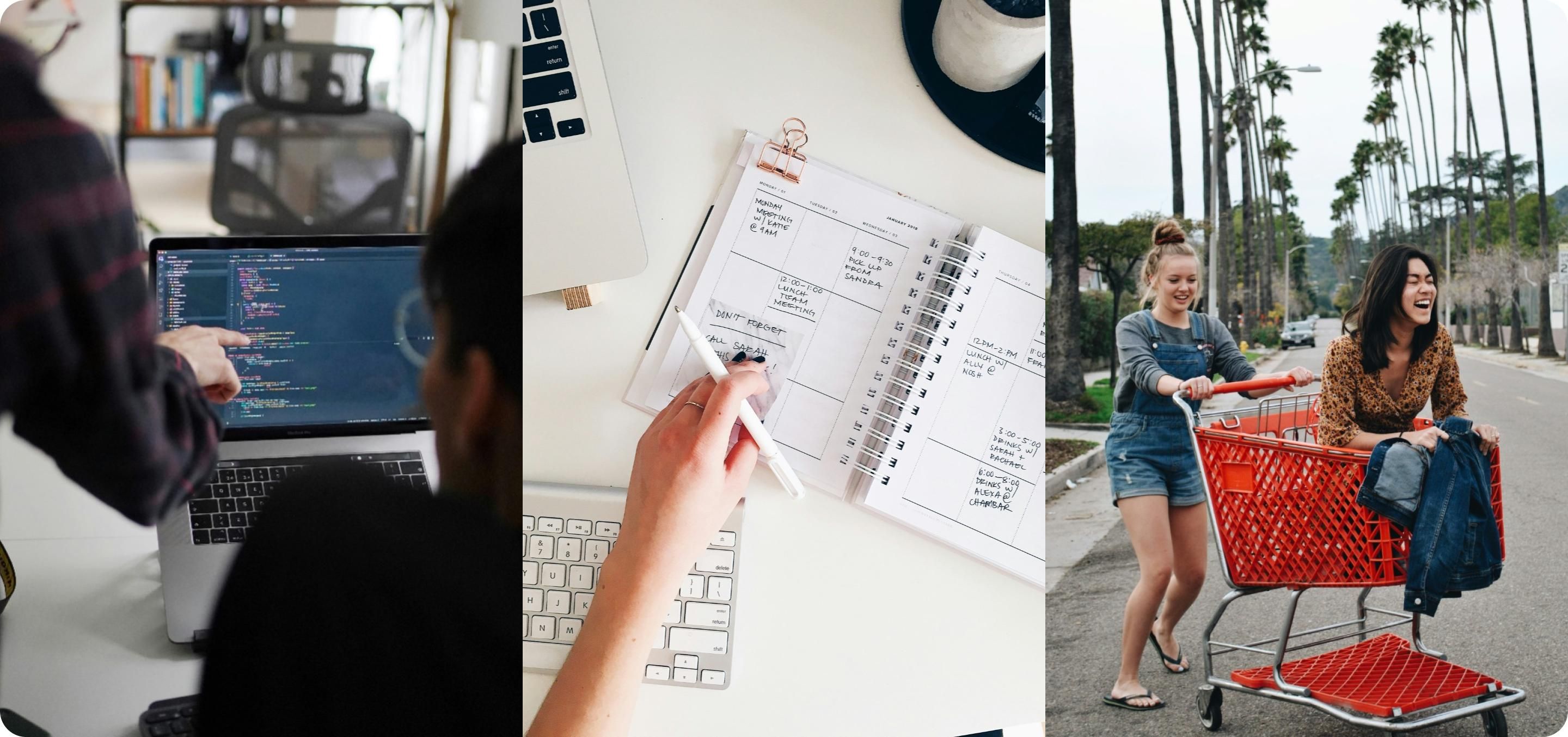 Three images representing three market segmentation examples: Code on a laptop for product development, a calendar for marketing strategy, and a two laughing girls in shopping cart for customer satisfaction.