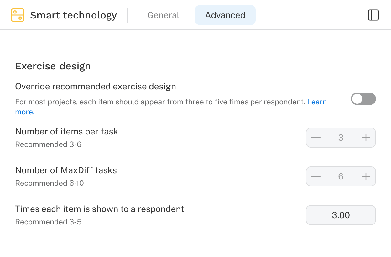 MaxDiff design settings can be configured on the second tab of the exercise settings.