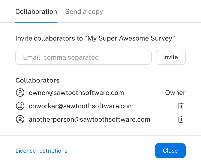 The collaboration dialog showing a survey shared with two other people.