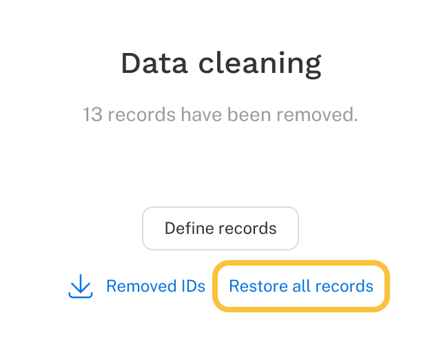 On the data page, the data cleaning widget is shown with the button to restore records highlighted.