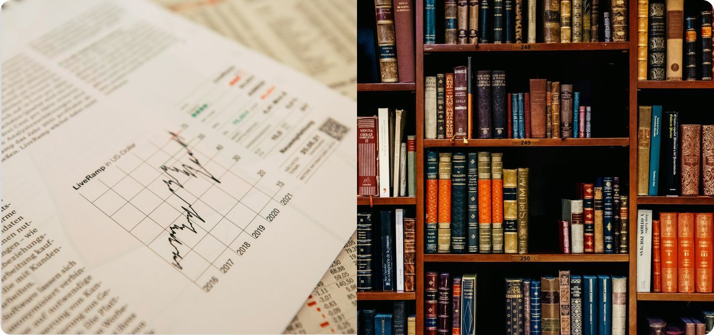 Two images representing secondary research: a report with charts and data, and book shelves filled with books. 