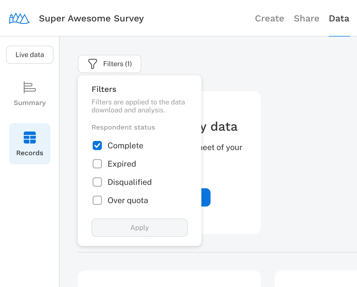 Apply filters by clicking the filter button at the top of the data records tab.