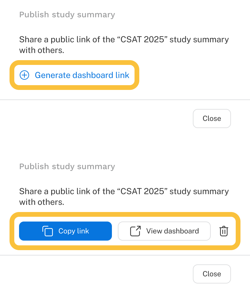 Generate Summary Dashboard Link dialogs