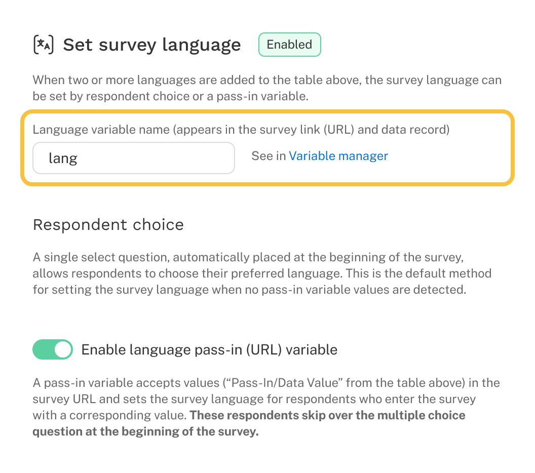 User interface showing where to find and set the Language Variable name