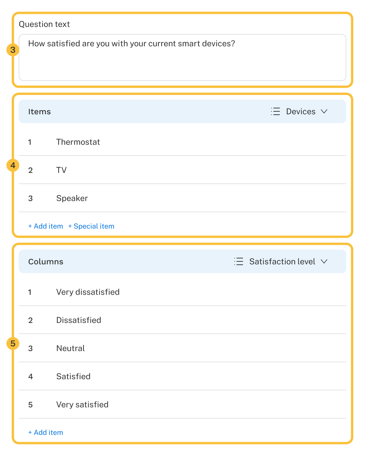 A grid question in authoring highlighting the three steps listed above.