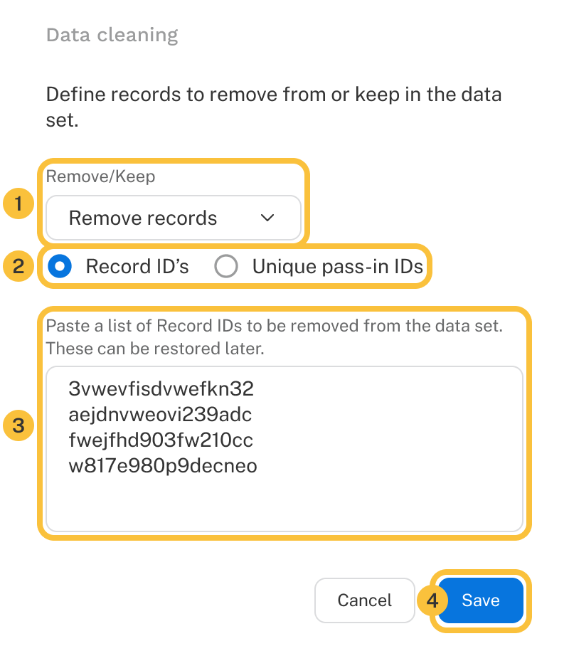 The data cleaning dialog is shown. Called out are the four numbered steps listed above.