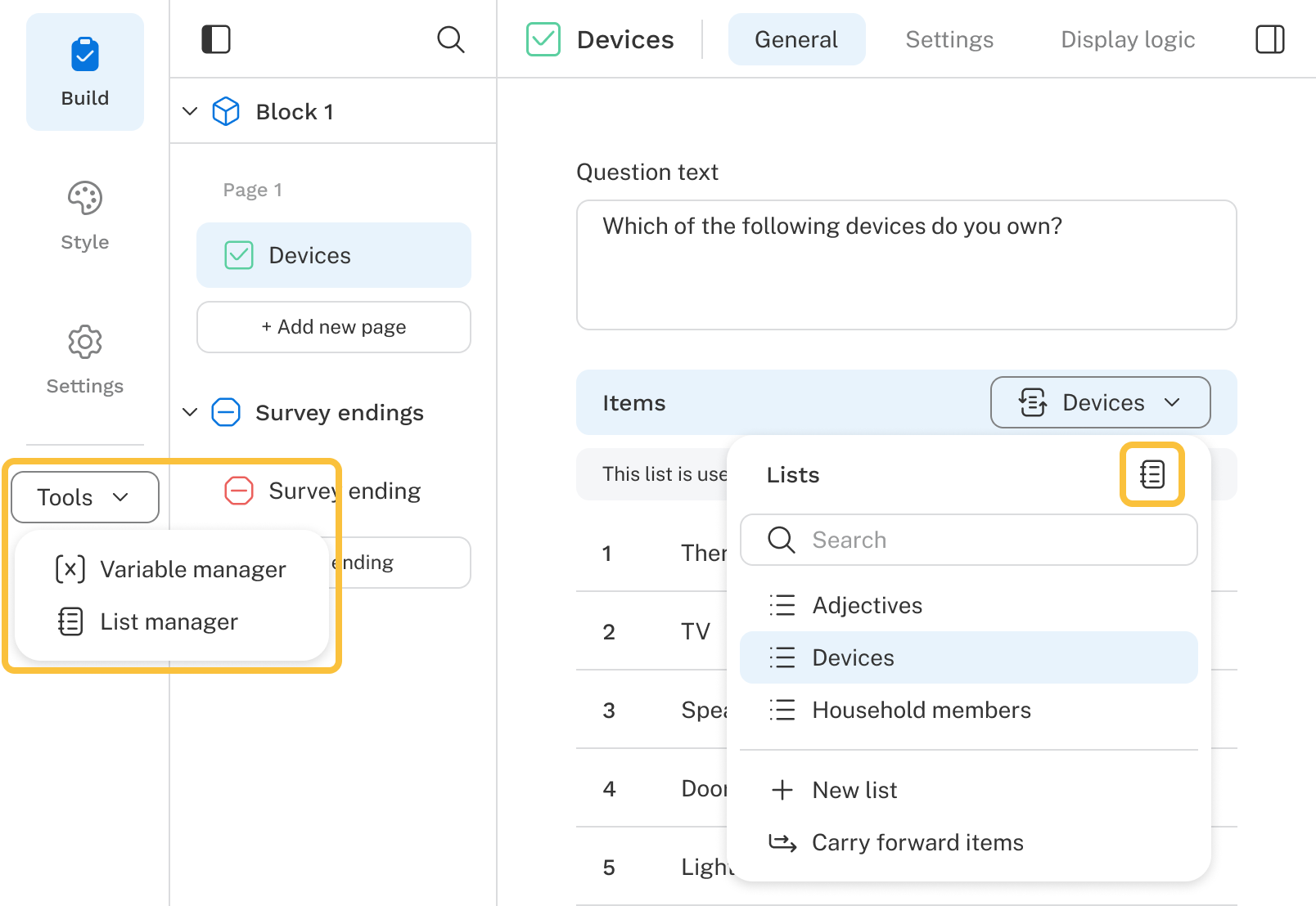 Interface highlighting the locations to access the list manager.