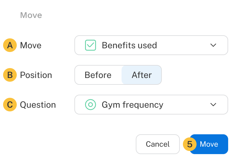 The move dialog with the fields highlighting the steps listed above.