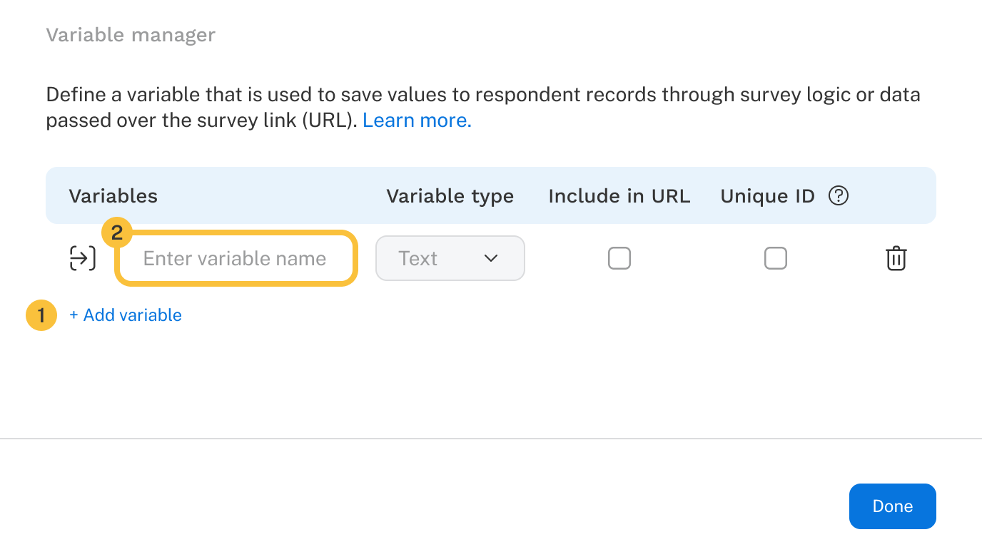 User interface showing the variable manager and how to add a variable