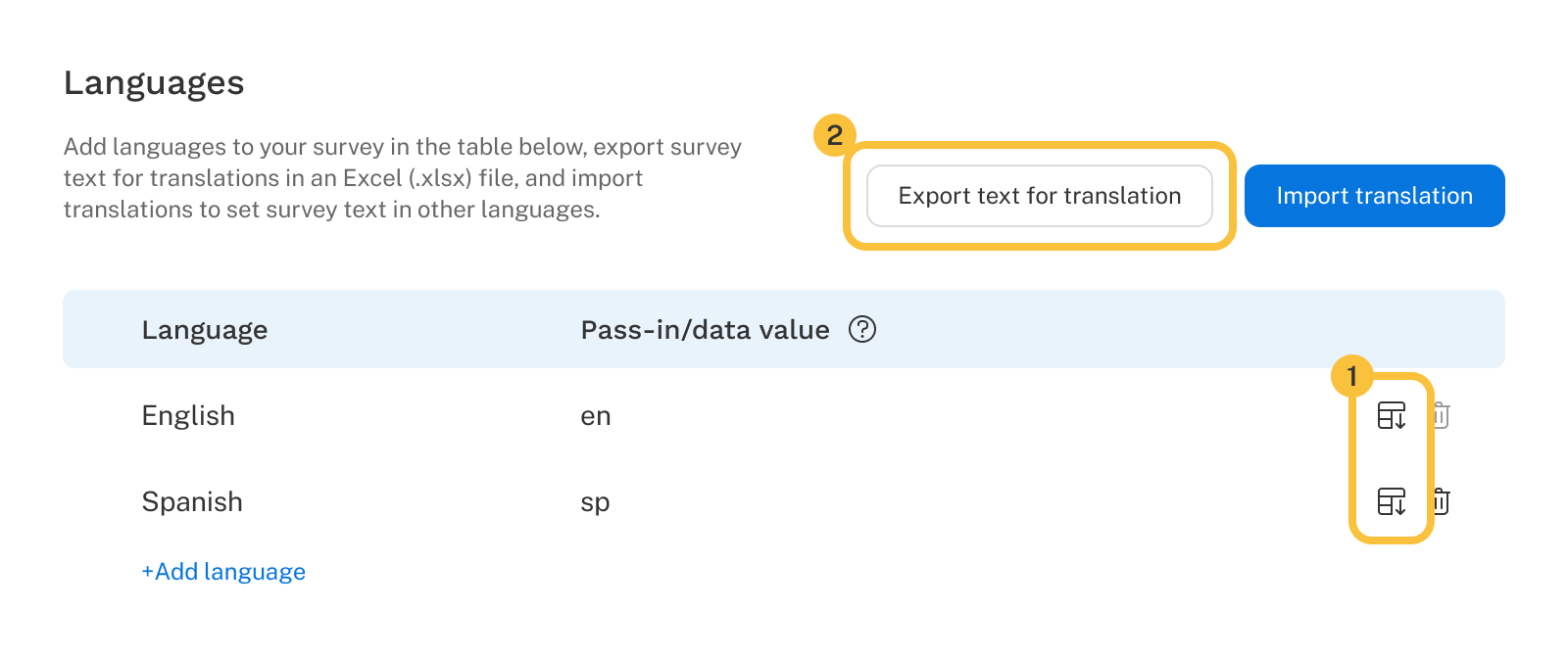 User interfaces showing where to find the export language(s) buttons.