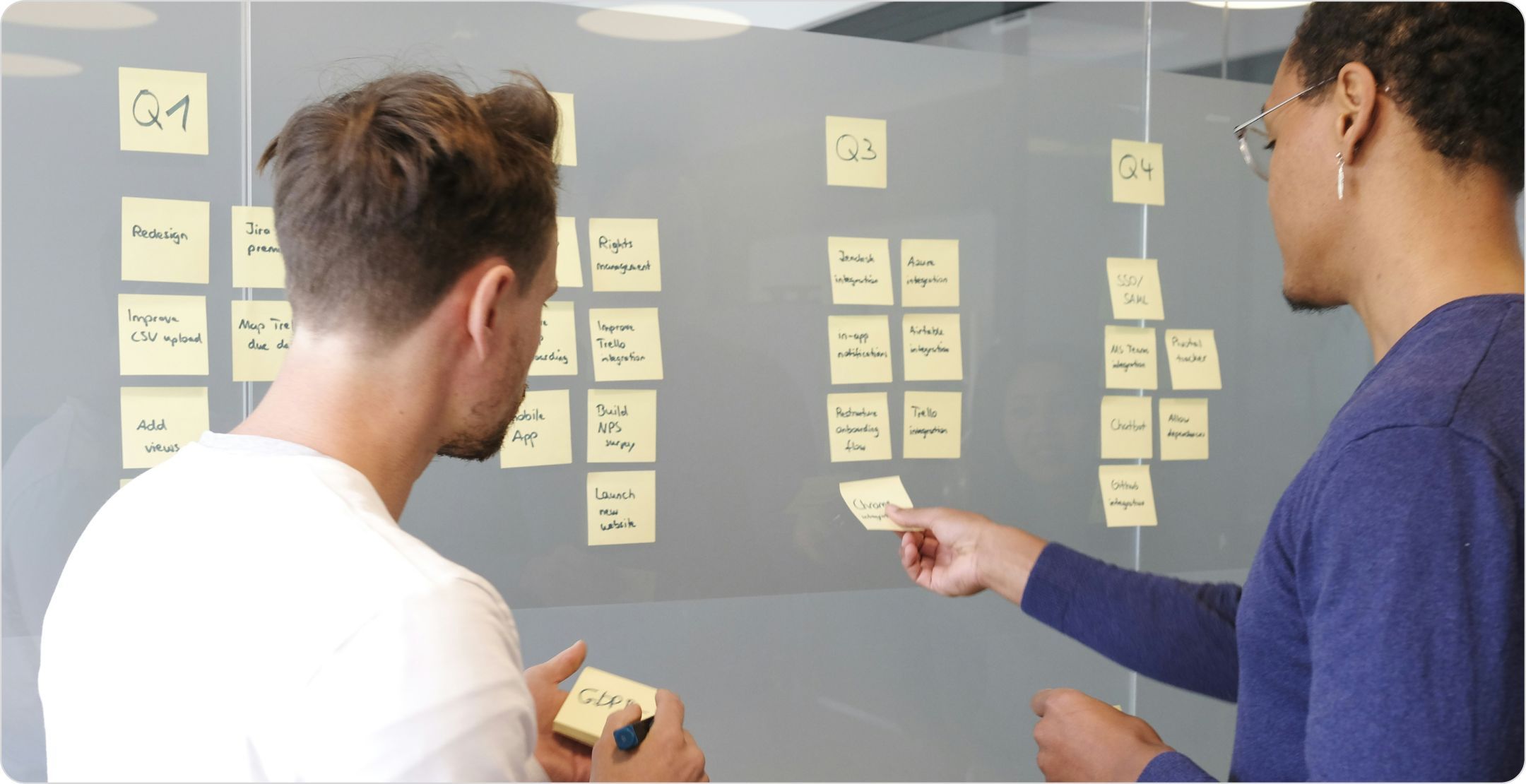 Two men placing sticky notes on a wall, representing the process of creating an experimental design experiment.