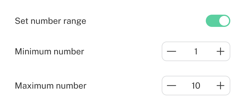 Interface showing the Set Number Range setting for Numeric questions