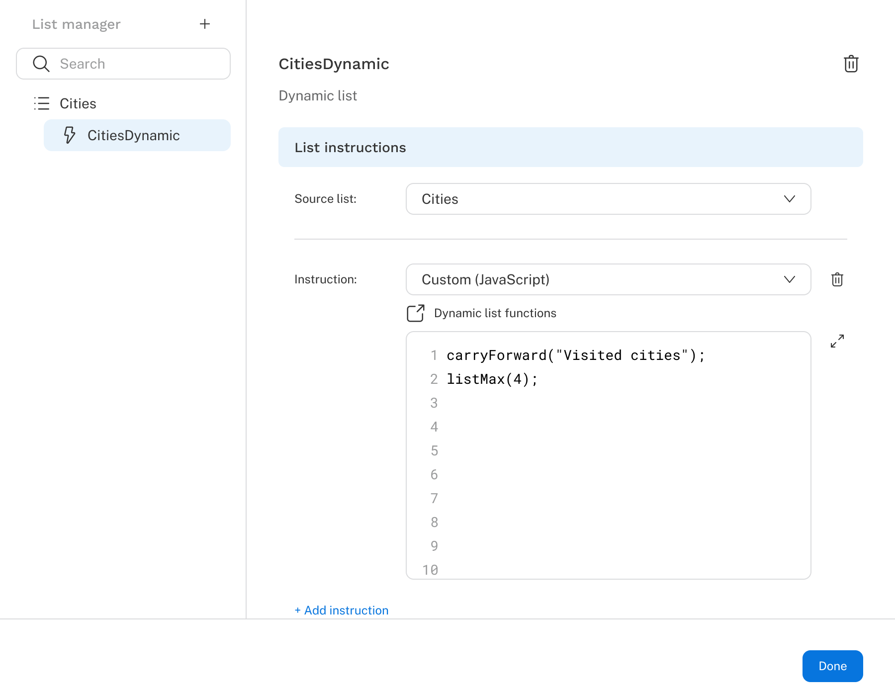 The list manager is open to a dynamic list with an empty custom instruction.