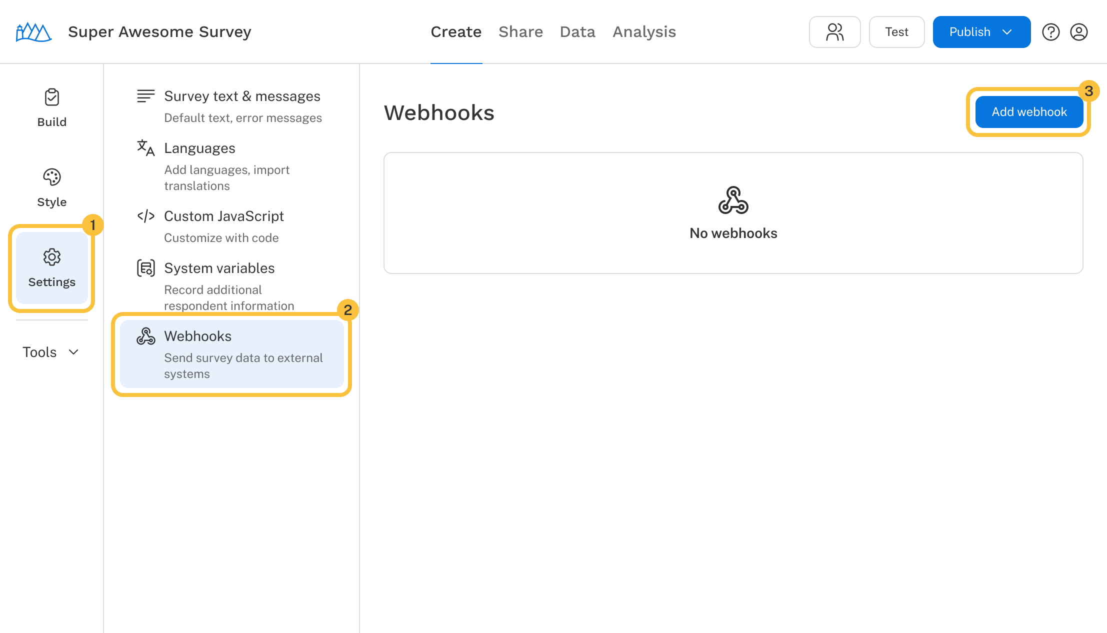 Discover UI showing the three buttons to click to add webhooks