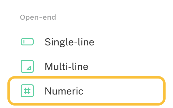 Interface showing the Numeric question in the Add menu