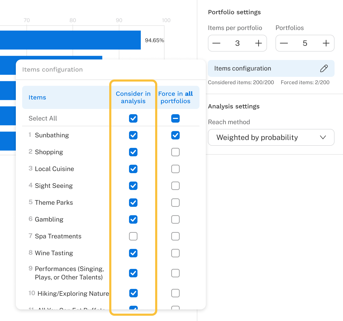 User interface showing the Consider in Analysis column