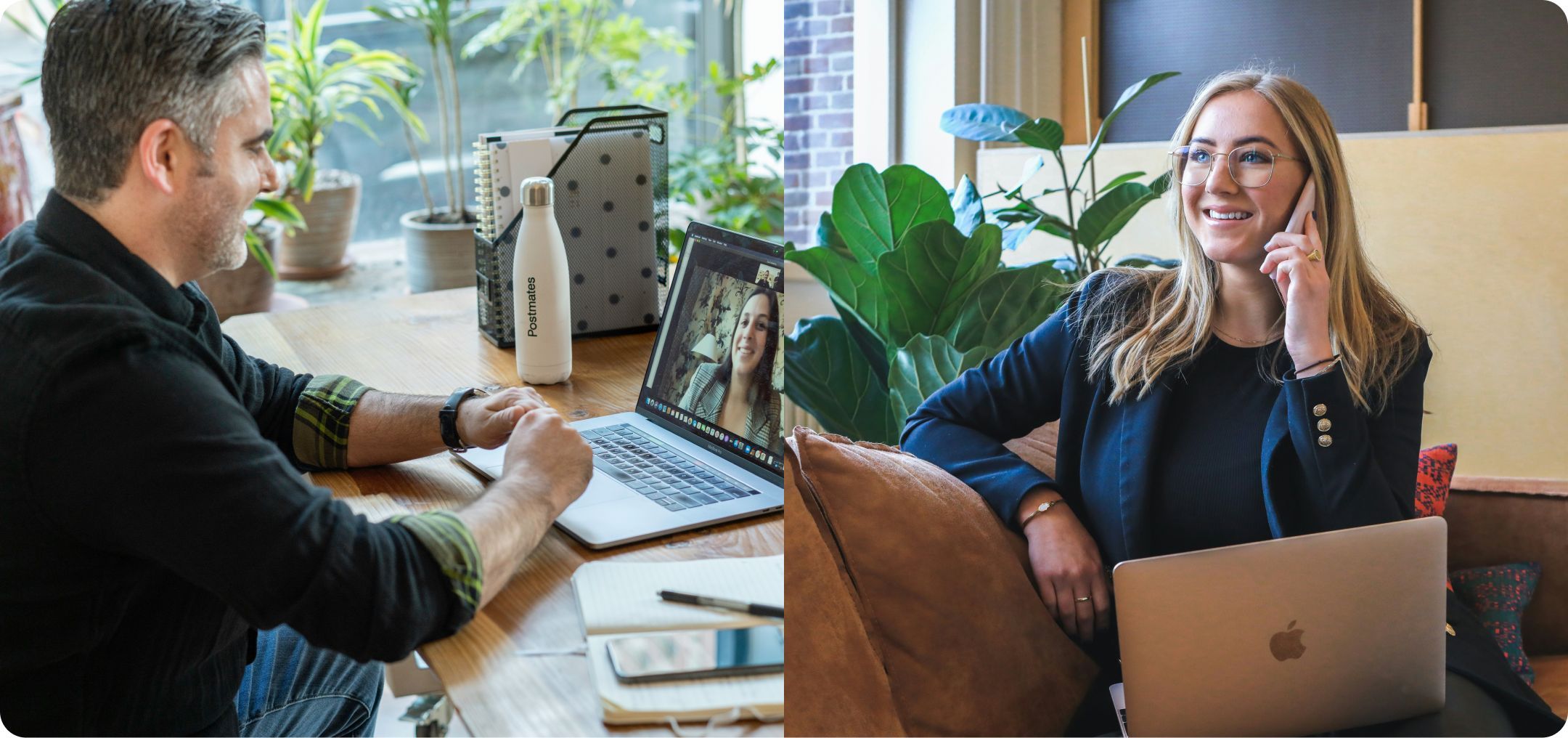 Two images representing market research surveys: a man in a one on one interview, and a woman on a phone interview.