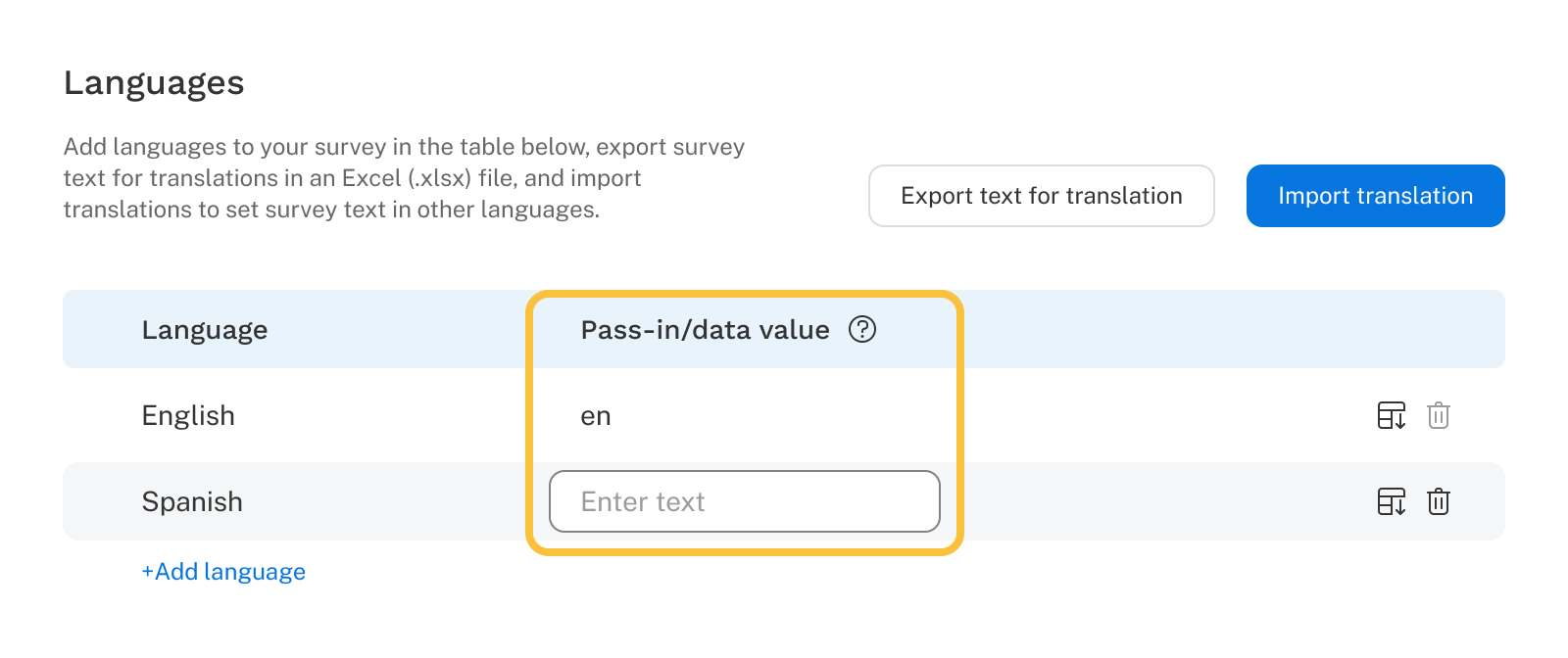 User interface showing where to assign pass-in/data values