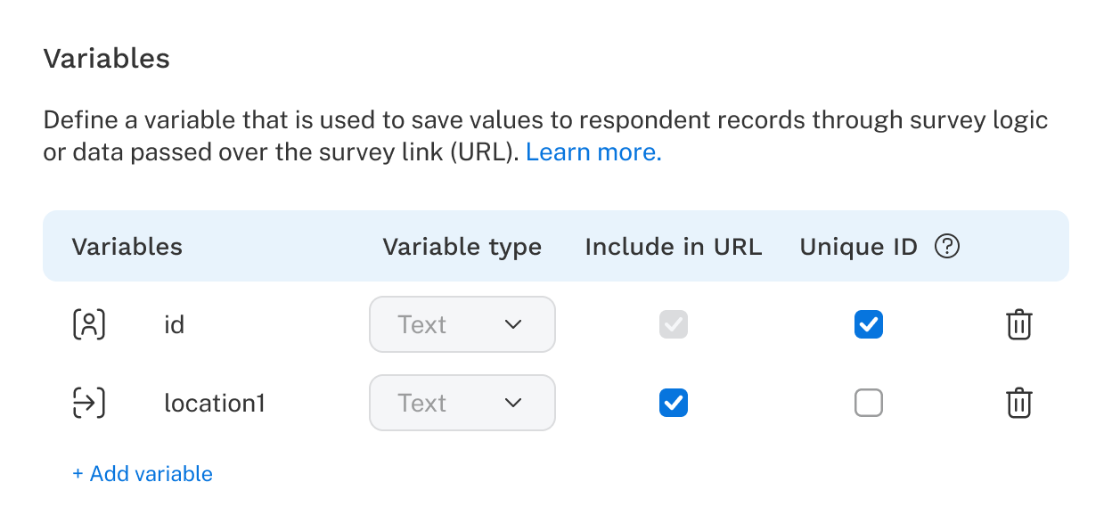 Two variables have been created in the variables section on the share page.