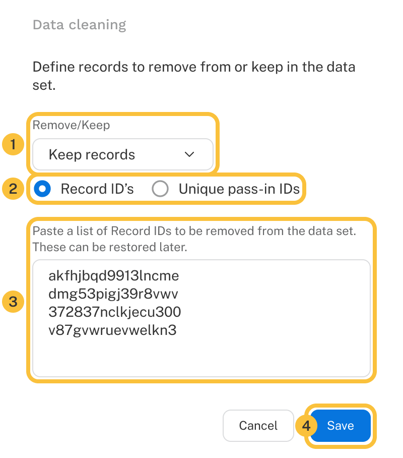 The data cleaning dialog is shown. Called out are the four numbered steps listed above.