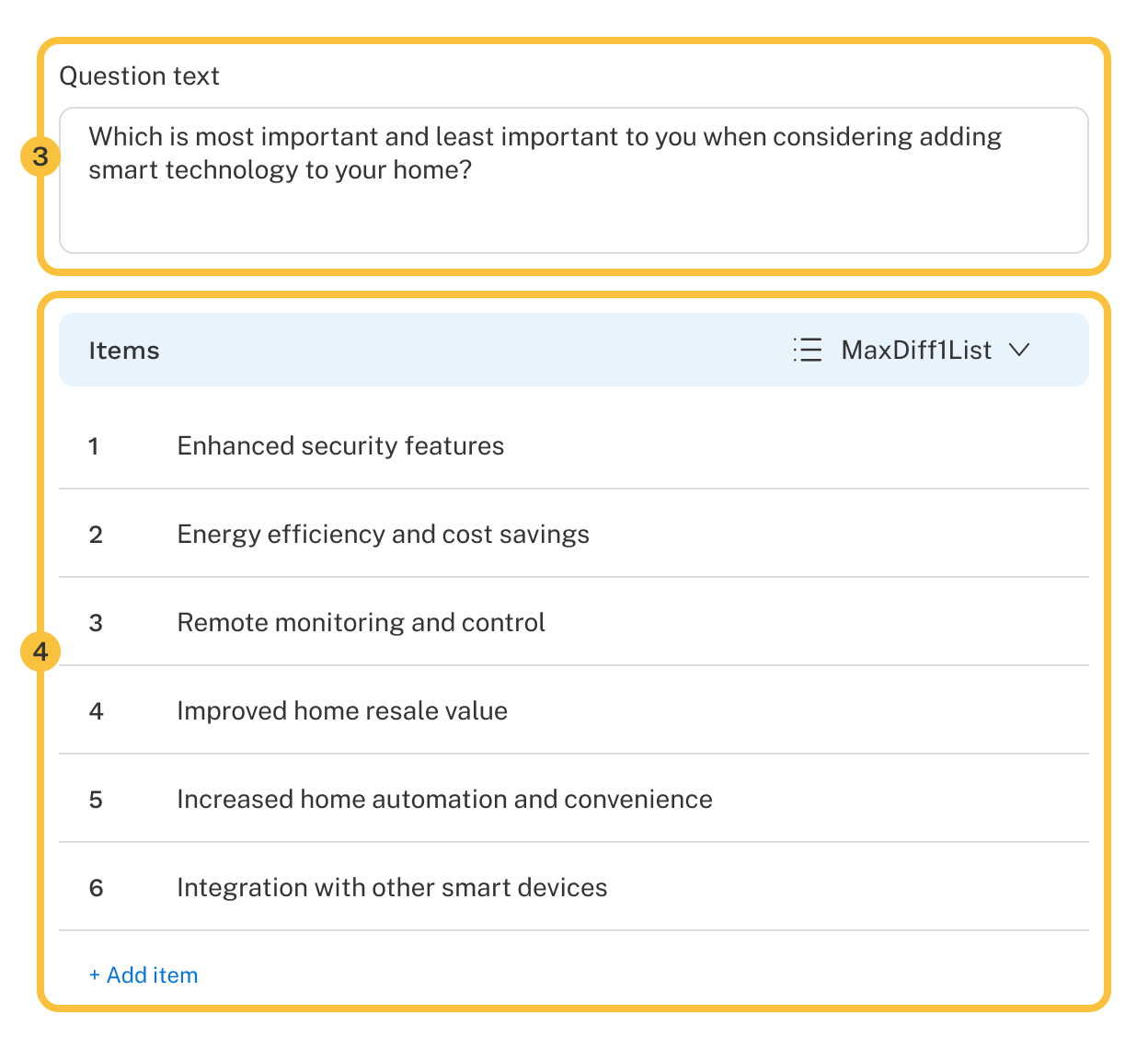 A MaxDiff in authoring is shown with steps 3 and 4 above highlighted.