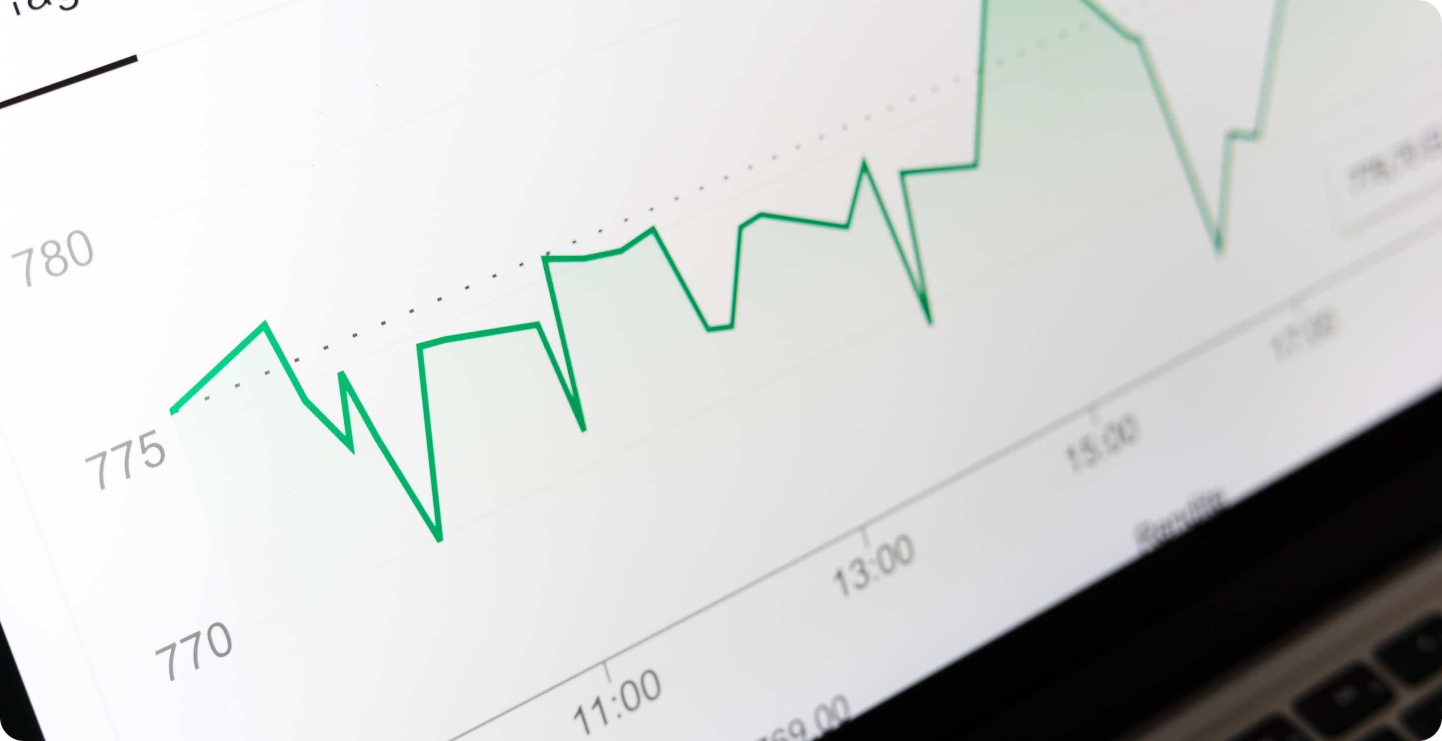 Computer screen with a green line graph, illustrating fluctuating demand