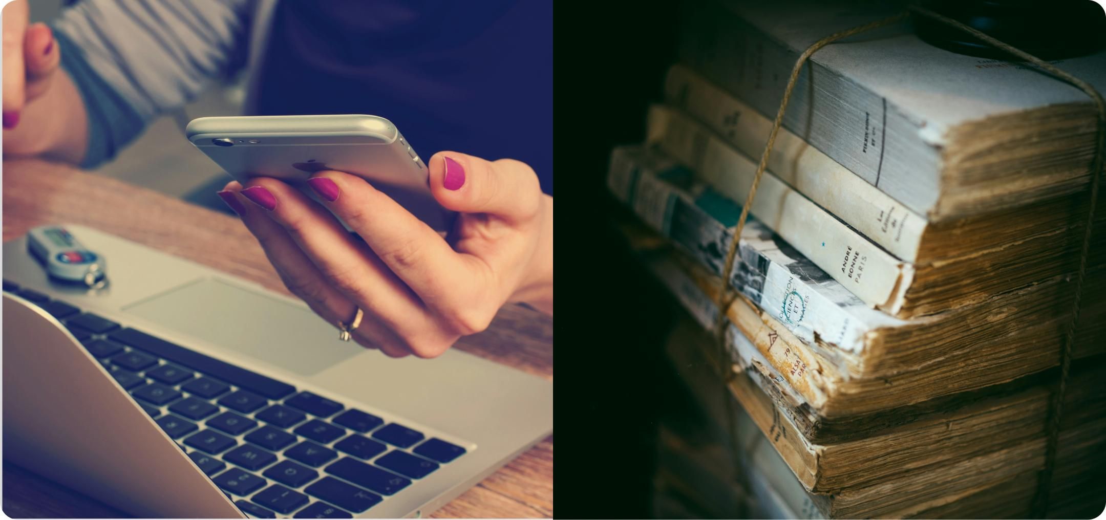 Two images representing primary vs secondary research: woman holding a phone taking an online survey (primary research), and a stack of books bound with string (secondary research).