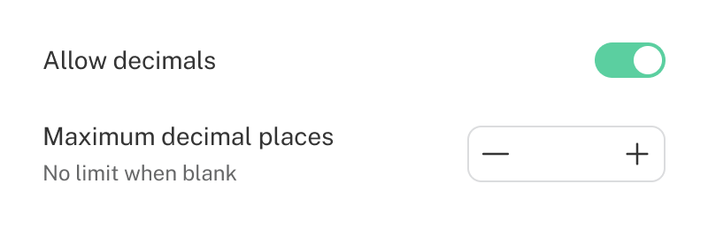 Interface showing the Allow Decimals setting for Numeric questions