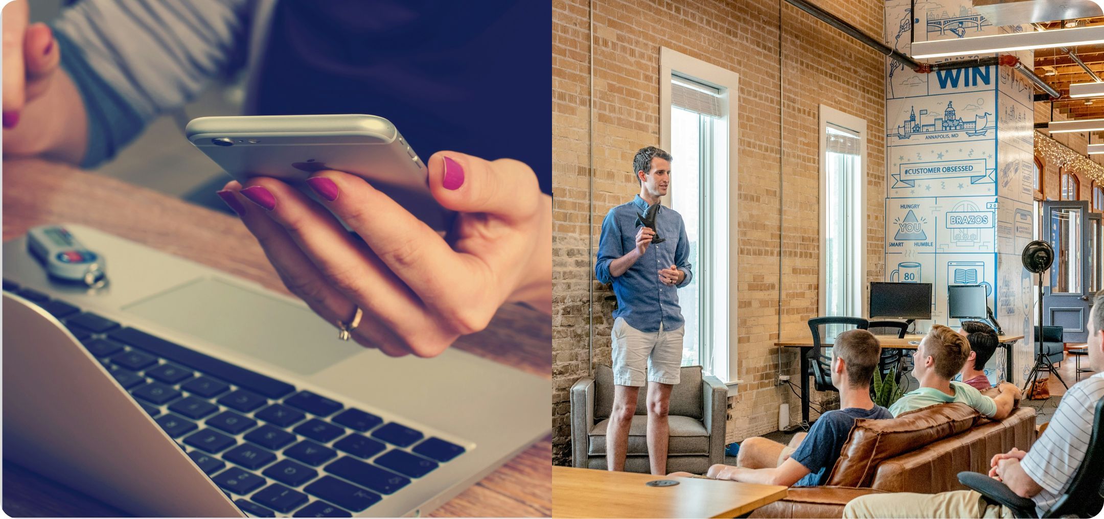 Two images representing primary research: woman holding a phone taking an online survey, and a man leading a focus group in an industrial setting.