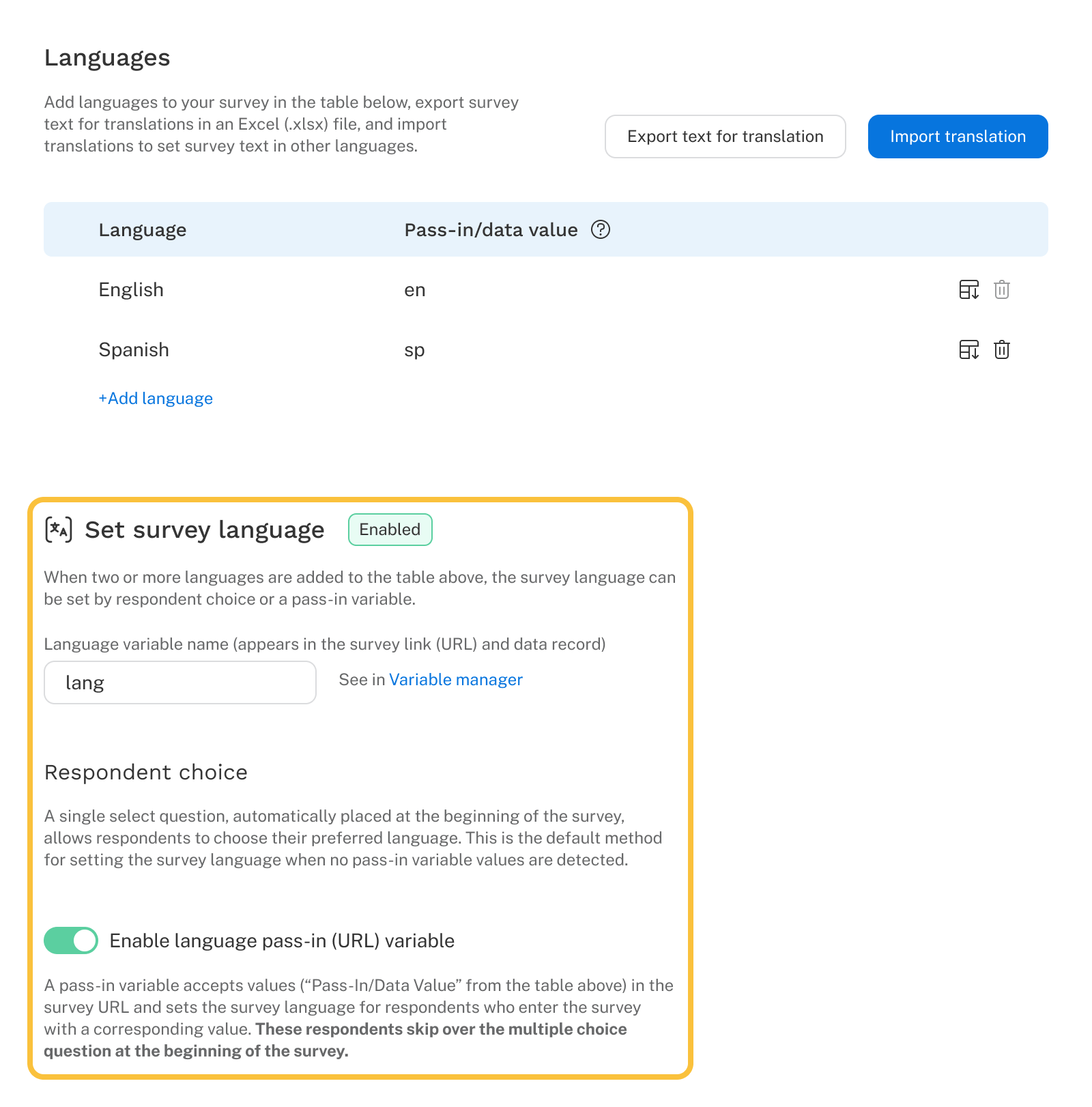 Set Survey Language