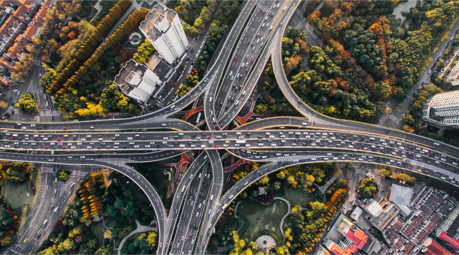 A major multi-highway intersection, illustrating conjoint analysis in transportation economics