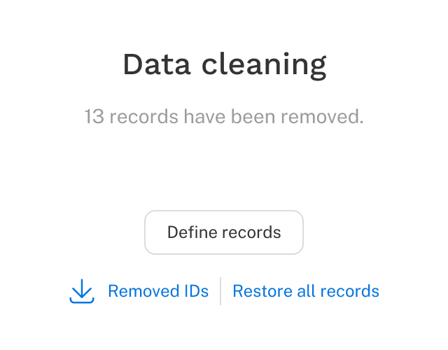 On the data page, the data cleaning widget is shown with a list of removed records.