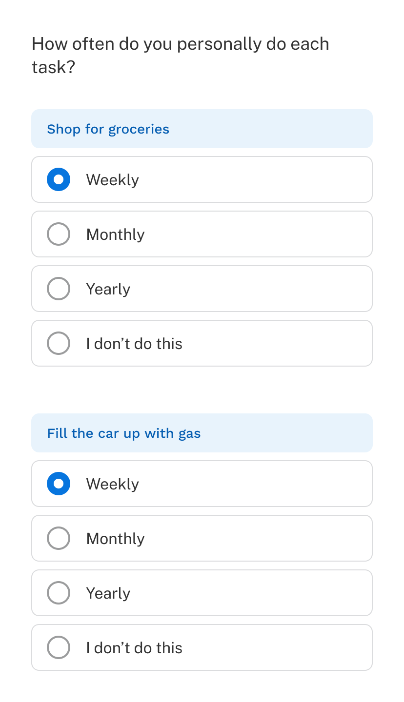 An example of how grid questions appear on a mobile device. Each grid row is split into a separate question with the options listed in the columns available to select from.