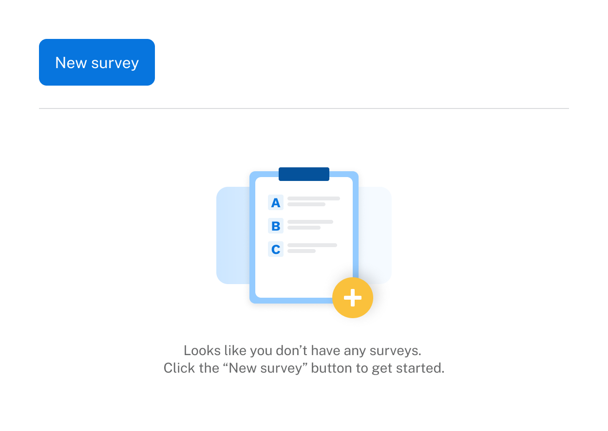 The my surveys page containing no surveys. A button to create a new survey is available.