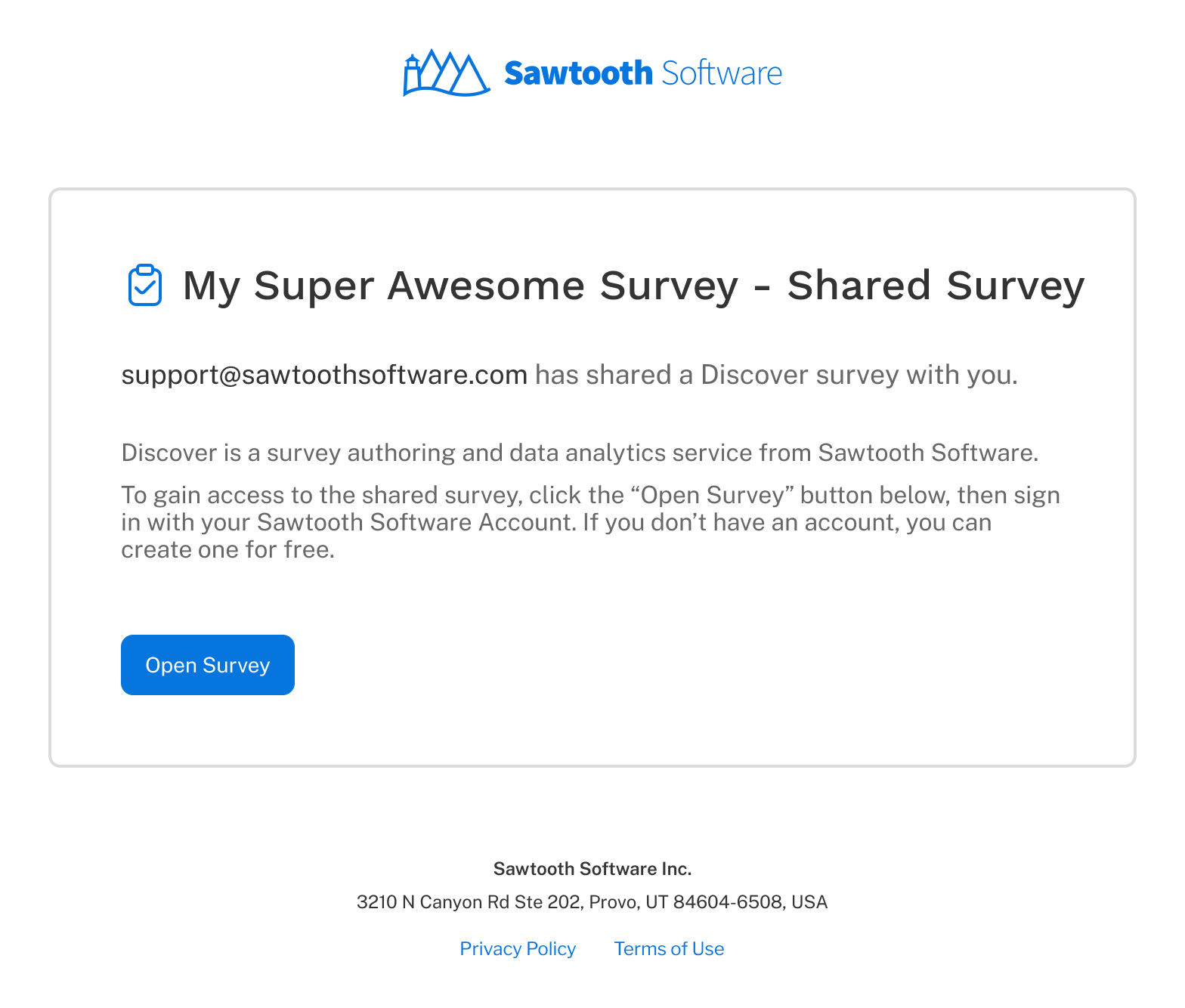 A preview of the email sent to invited survey authors. It tells the receiver a survey has been shared with them and they can click the button at the bottom of the page to view the survey.