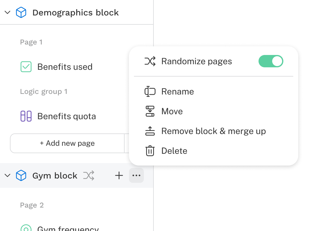 The block options menu is opened and the randomize pages toggle is on.